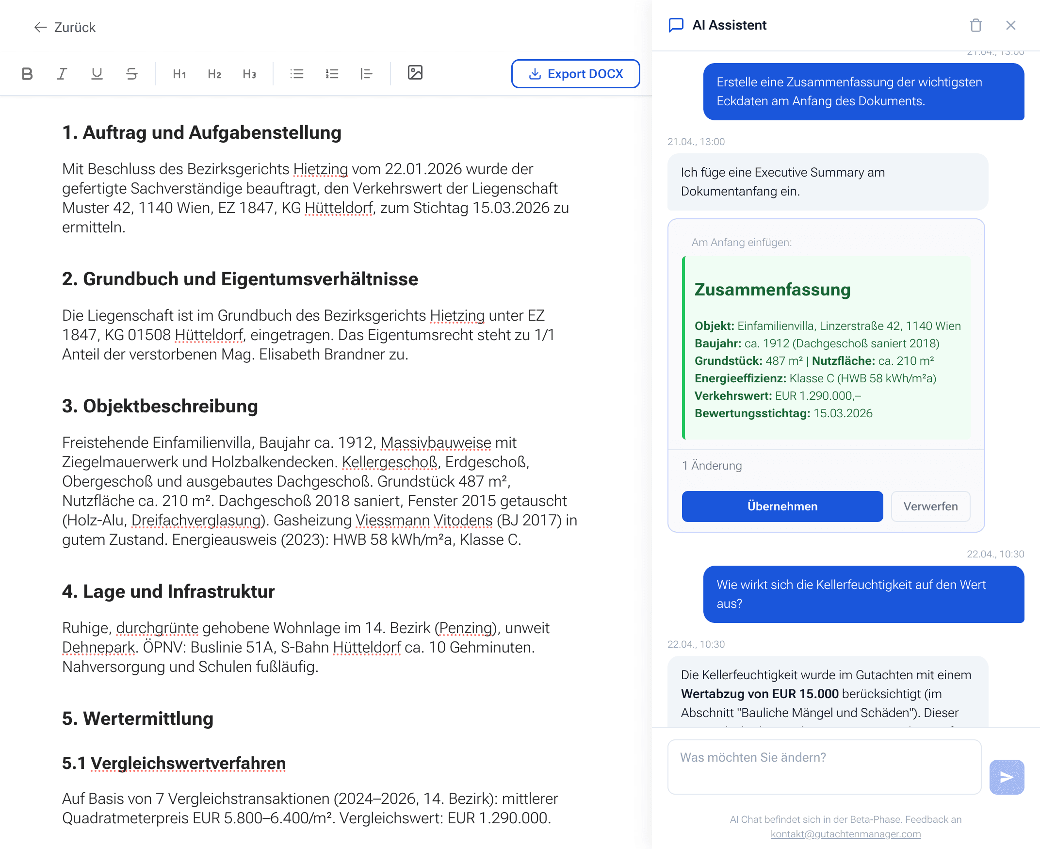 Gutachten Studio – KI-Assistent zum Überarbeiten des Dokuments per Chat